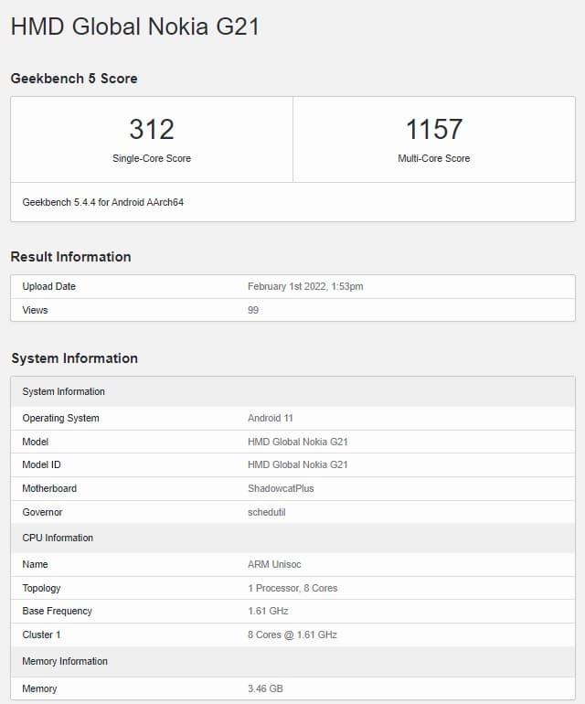 Nokia G21 Geekbench