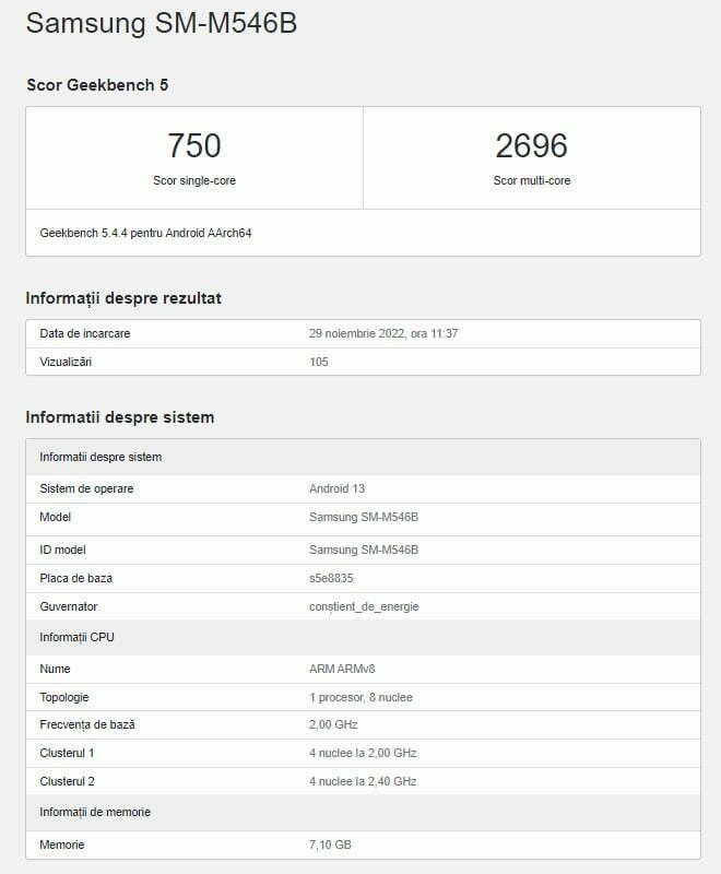 Samsung Galaxy M54 5G apare pe Geekbench 8 Samsung M54 Geekbench